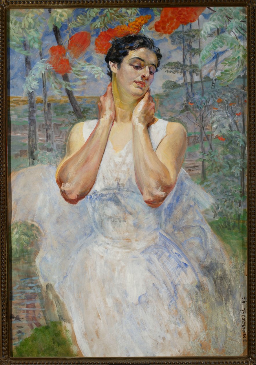 Portrét ženy na pozadí jeřábu od Jacek Malczewski