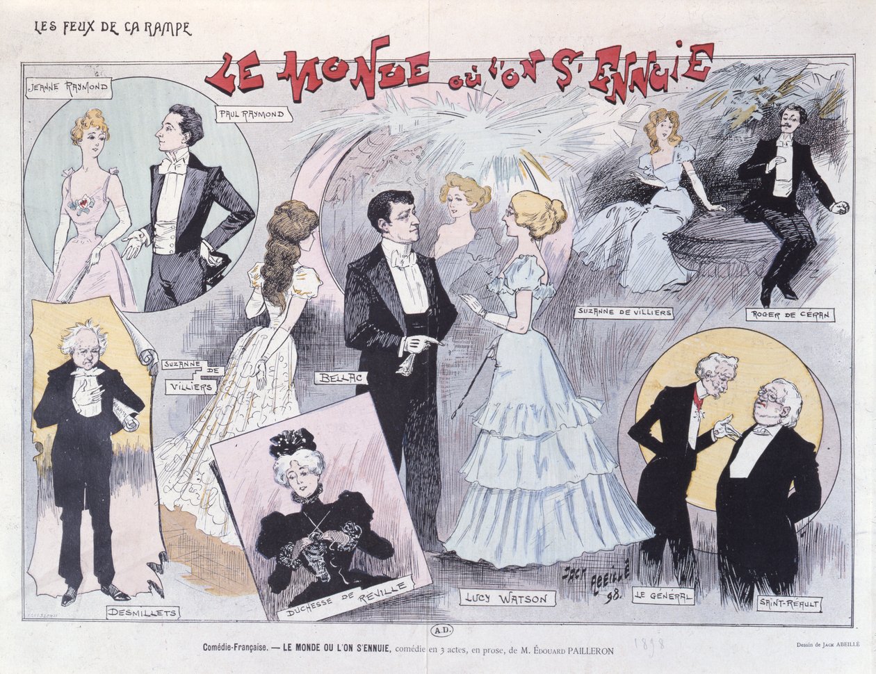 Plakát propagující satirickou komedii Edouarda Paillerona Le Monde ou Lon SEnnuie v Comedie-Francaise, 1898. od Jack Abeille