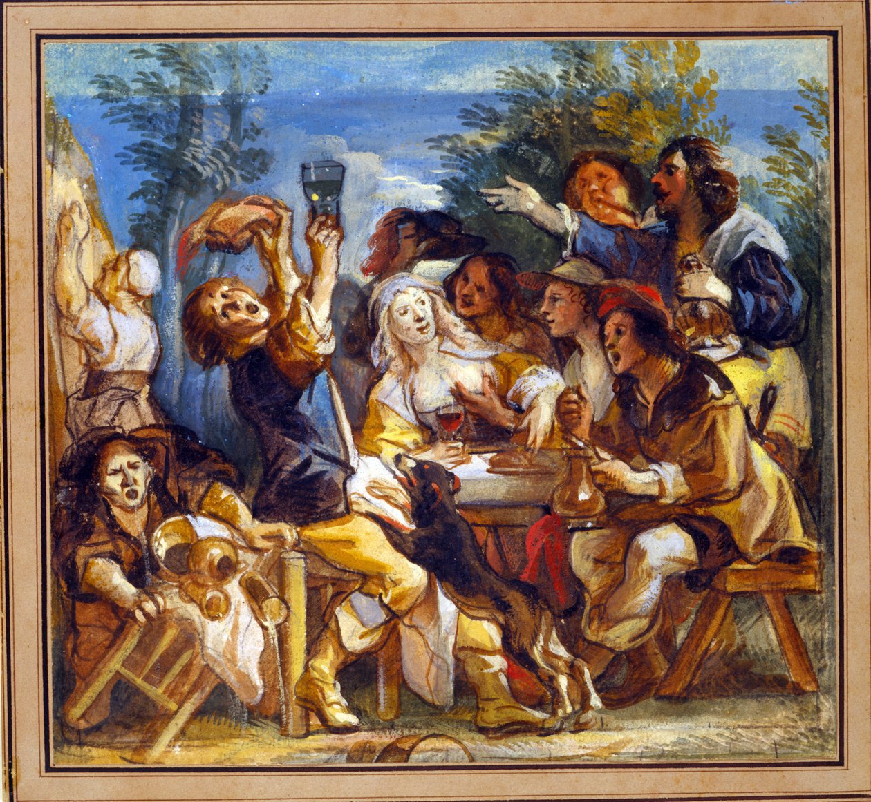 Párty pití mimo hostinec (wc zvýrazněná bílou barvou na papíře) od Jacob Jordaens