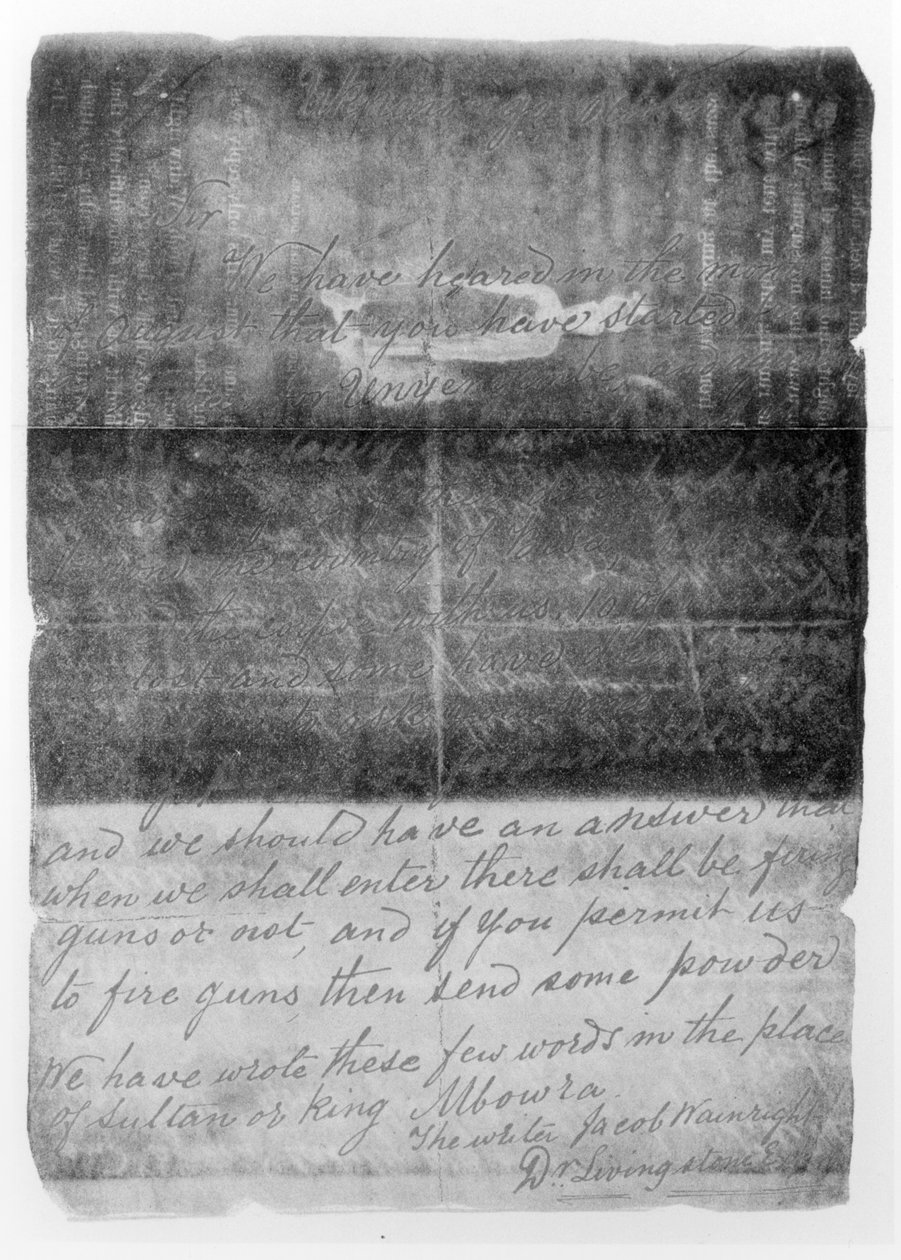 Dopis napsaný Cameronovi v říjnu 1873 o smrti Davida Livingstonea (1813-73) z prvního dílu knihy Napříč Afrikou od Verneyho Lovetta Camerona, publikovaný v roce 1877 (černobílá fotografie) od Jacob Wainwright