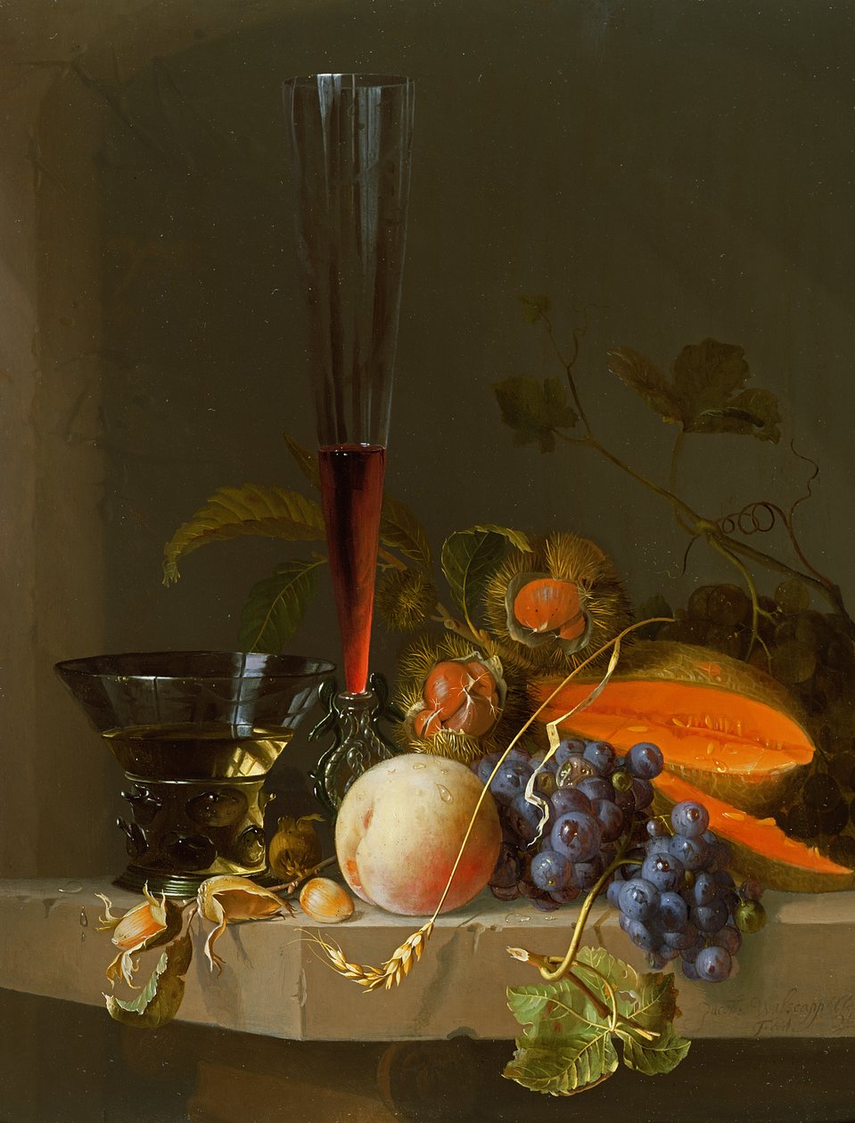 Zátiší ovoce na římse s roemerem a sklenicí na víno od Jacob van Walscapelle
