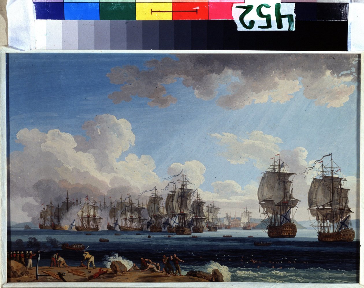 „Bitva u Chesmy dne 5. 7. 1770“ (Námořní bitva u Chesmy 5. července 1770) Postavila se proti flotilám Ruska Kateřiny II. a Osmanské říše na Chios v Řecku (Orloffova revoluce nebo expedice bratři Orloffové). kvašové malování od Jacob Philippe Hackert
