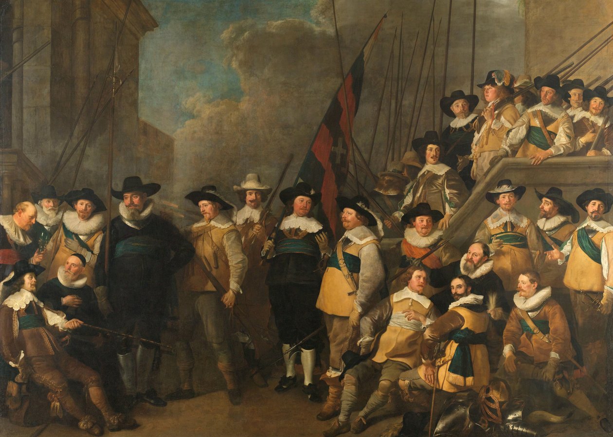Důstojníci a další občanští gardisté z V. distriktu v Amsterdamu pod velením kapitána Cornelis de Graeff a poručíka Hendricka Lauwrensze od Jacob Adriaensz. Backer