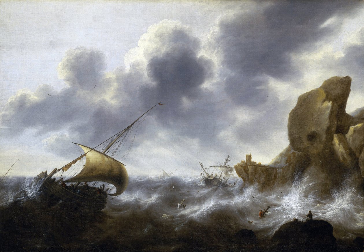 Rybářská loď zastižená v bouři poblíž skalnatého pobřeží s vrakem lodi. Olej na plátně, Jacob Adriaensz Bellevois (1621-1675). od Jacob Adriaensz. Bellevois