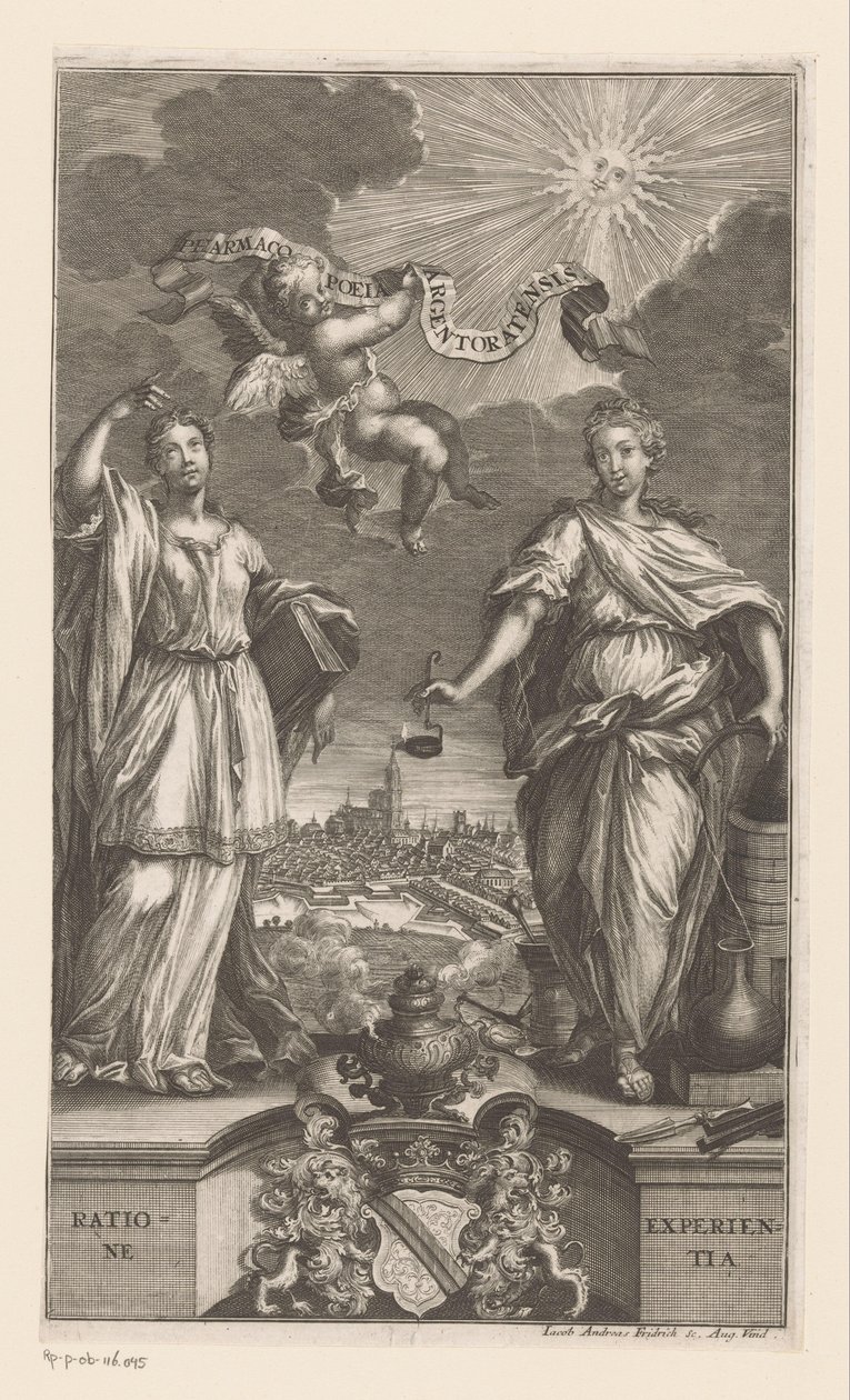 Alegorie medicíny ve Štrasburku Pharmacopoeia Argentoratensis (název na předmětu) od Jacob Andreas Fridrich (I)