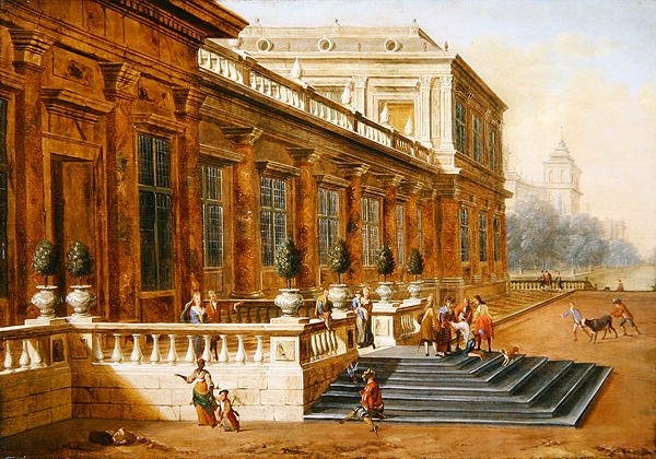 Návrat marnotratného syna na schodech klasického paláce (olej na plátně) od Jacob Balthasar Peeters