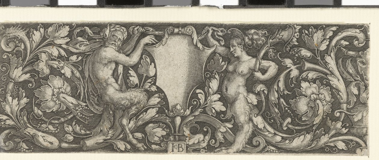 Vlys se štítem neseným mužským a ženským satyrem od Jacob Binck (signed by artist)