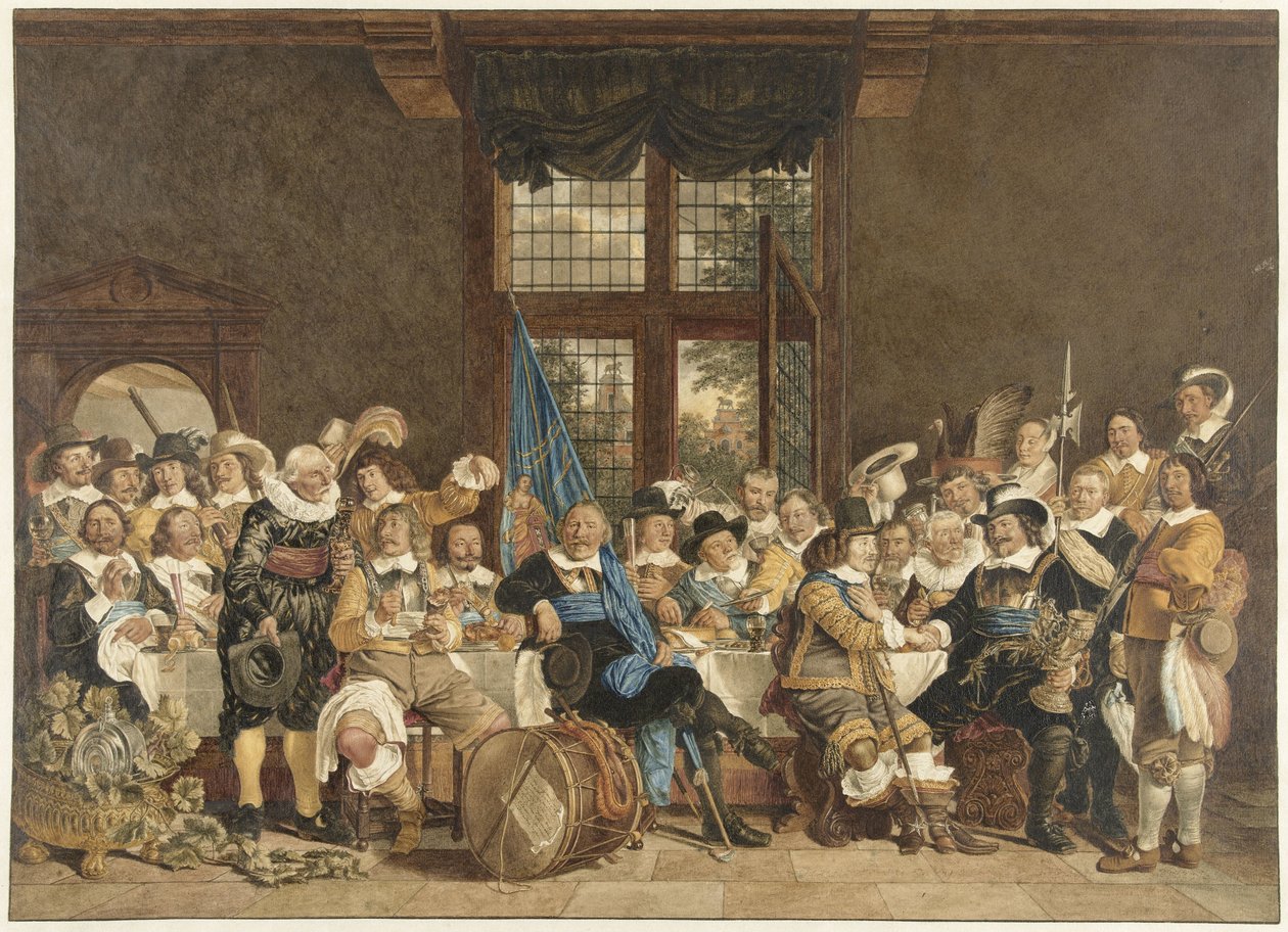 Jídlo milice ve Voetboogdoelen v Amsterdamu na oslavu uzavření míru v Munsteru, 18. června 1648 od Jacob  Cats