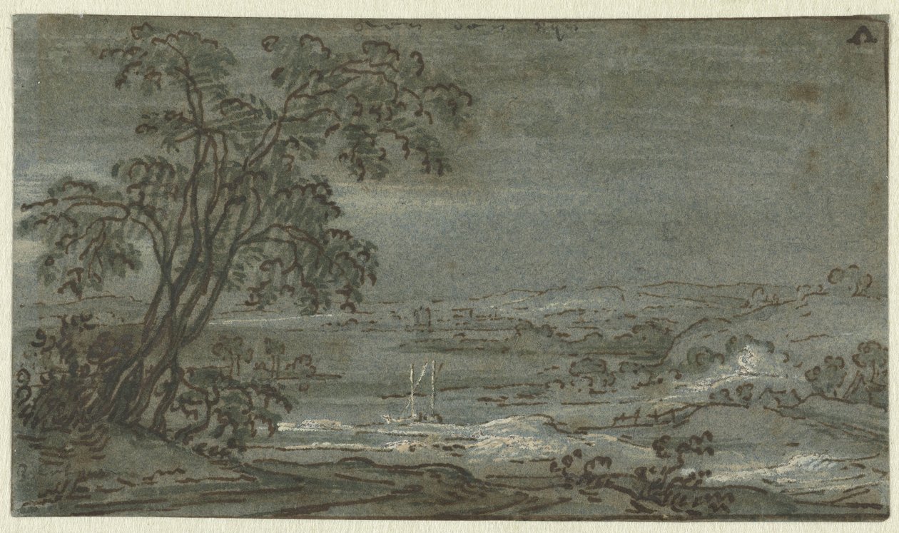 Kopcovitá krajina s ohybem řeky Aen den Rijn (název na objektu) od Jacob Colijn
