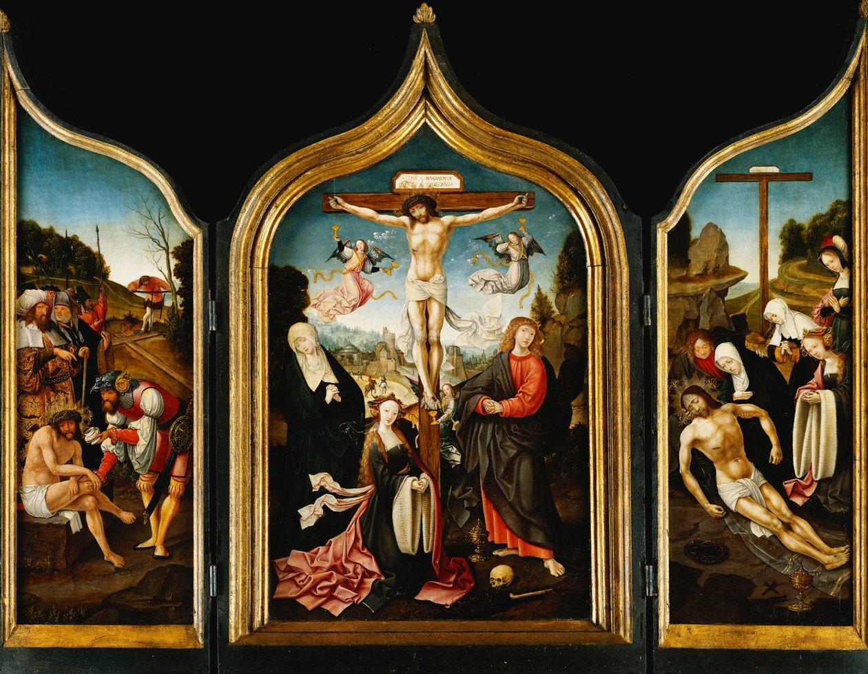 Triptych: Kristus na kříži s Pannou Marií, Magdaléna, svatý Jan Evangelista a andělé; na křídlech Kristus obětoval ocet před ukřižováním a nářkem, agónie v zahradě a Ecce homo, od Jacob Cornelisz van Oostsanen