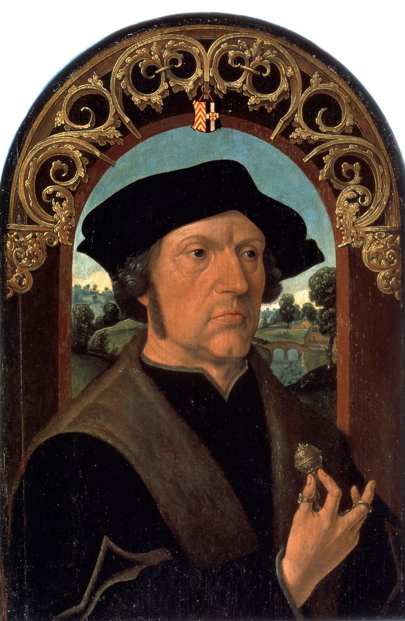 ""Portrait of a man"" (Portrait of a man) Portrét muže z holandské buržoazie, držícího v ruce stříbrný šperk. Obraz od Jacoba Cornelisze van Oostsanena (cca 1470-cca 1533) Ermitážní muzeum Petrohrad od Jacob Cornelisz van Oostsanen
