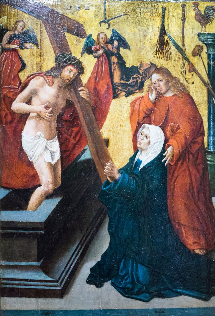 Vzkříšený Kristus se symbolem umučení zjevuje se Madoně a svatému Janu Evangelistovi od Jacob Cornelisz van Oostsanen