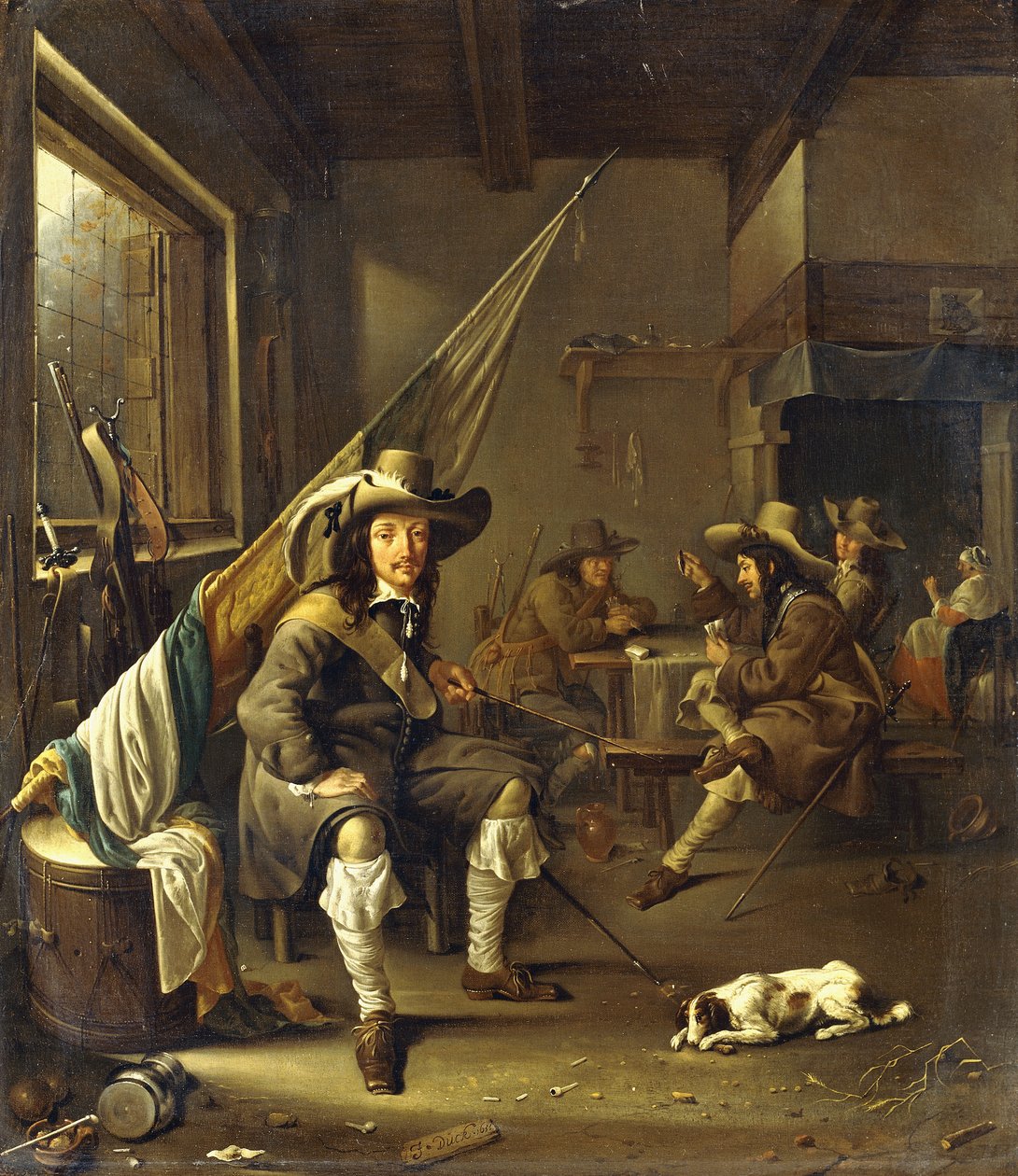 Sedící kavalír s vojáky hrajícími kartami, 1655 od Jacob Duck