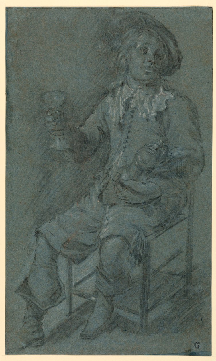 Kresba, Sedící kavalír s číší vína, 1650-60 od Jacob Duck