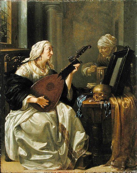 Žena s Theorbo, Vanitas, cca 1660 (olej na panelu) od Jacob Duck