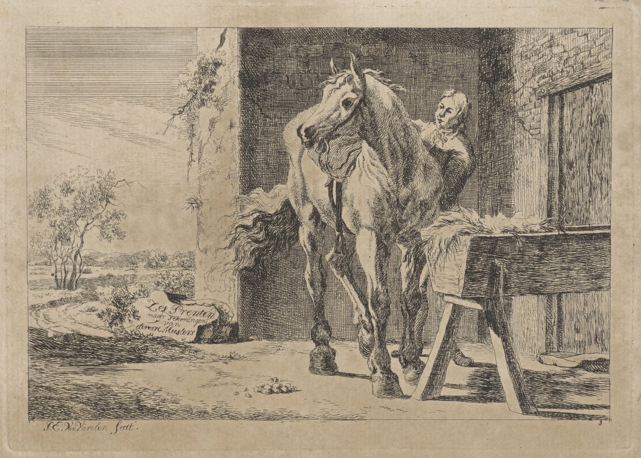 Postava s koněm u jesliček Šest tisků po kresbách od různých mistrů (název série na objektu) od Jacob Elias van Varelen