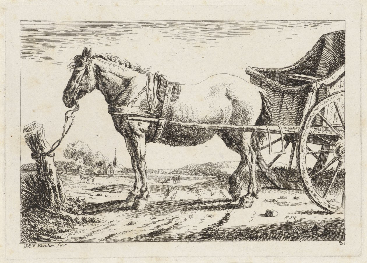 Stojící kůň, zapřažený před vozem Šest tisků po kresbách různých mistrů (název série) od Jacob Elias van Varelen