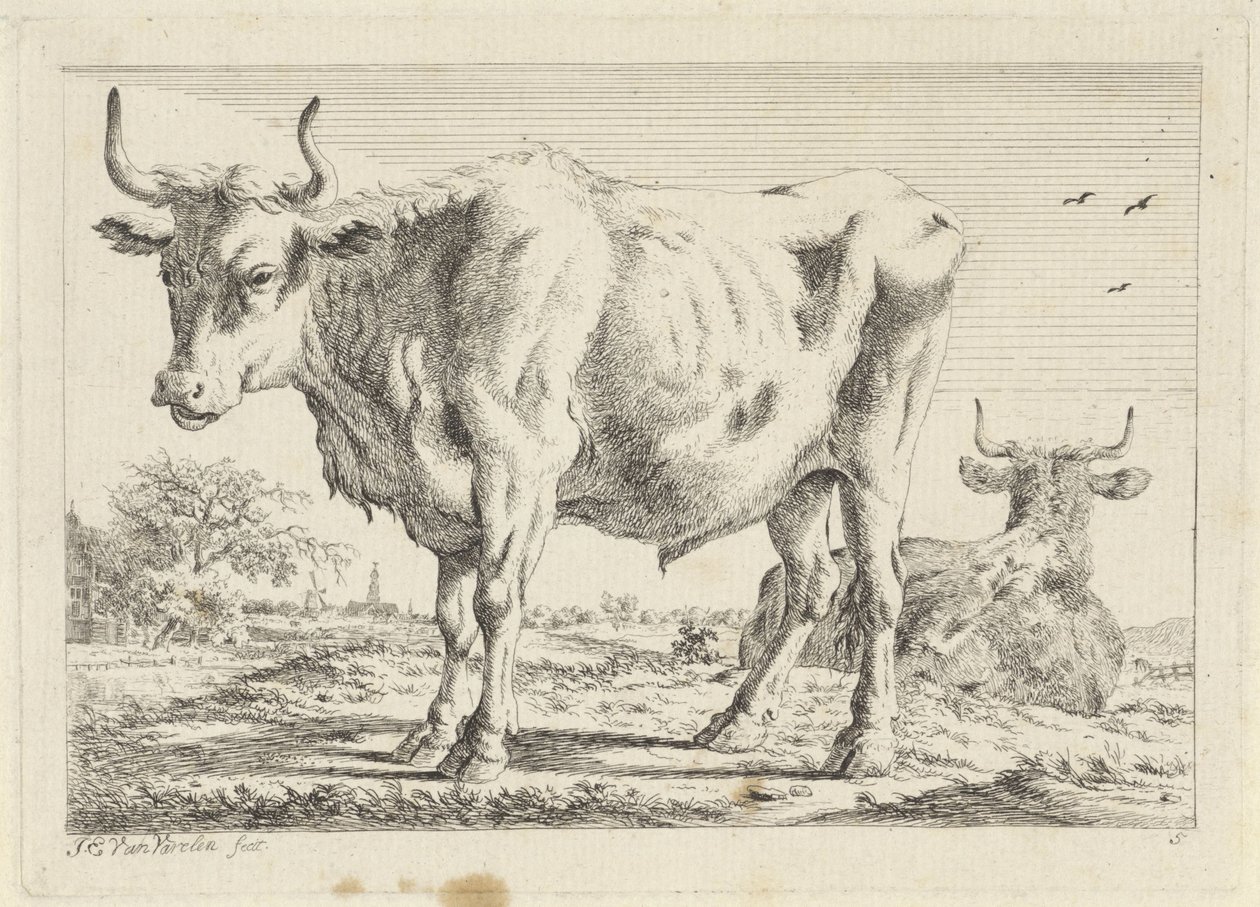 Stojící a ležící vůl Šest tisků po kresbách různých mistrů (název série) od Jacob Elias van Varelen