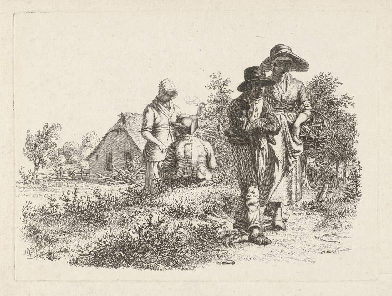 Slepá žena a konverzující postavy na farmě Studijní tisky / Etudes gravées (název série) od Jacob Ernst Marcus