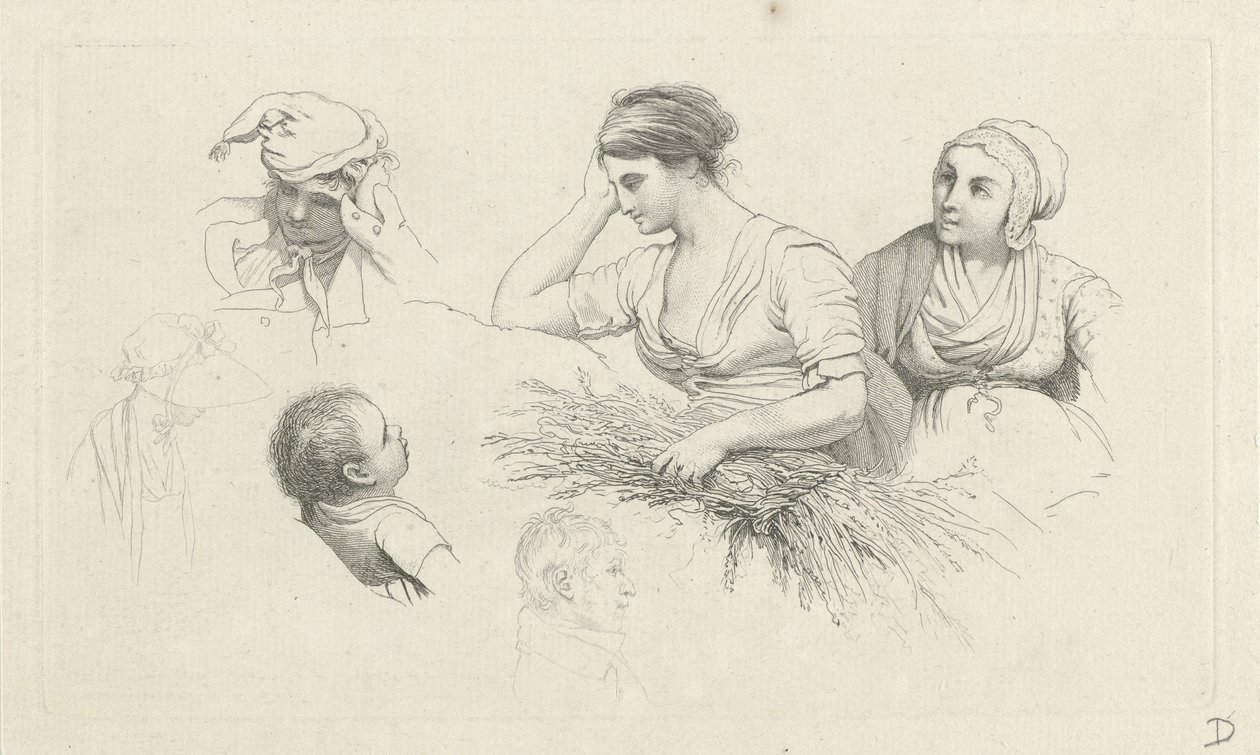 Studijní list se ženou se svazkem větví a postav Studijní tisky / Etudes gravées (název série) od Jacob Ernst Marcus