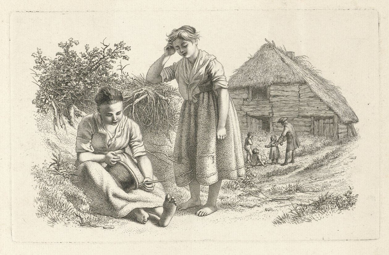Dvě ženy a muž s dětmi před stodolou Studijní tisky / Etudes gravées (název série) od Jacob Ernst Marcus