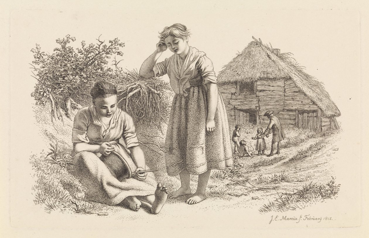 Dvě ženy a muž s dětmi před stodolou Studijní tisky / Etudes gravées (název série) od Jacob Ernst Marcus