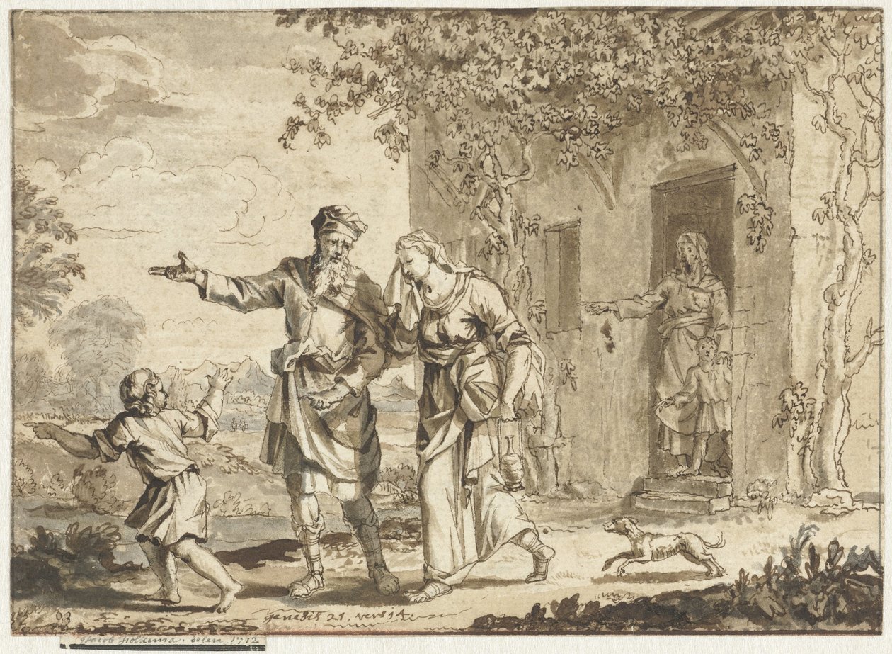 Abraham vyhání Hagar a Izmaela od Jacob Folkema