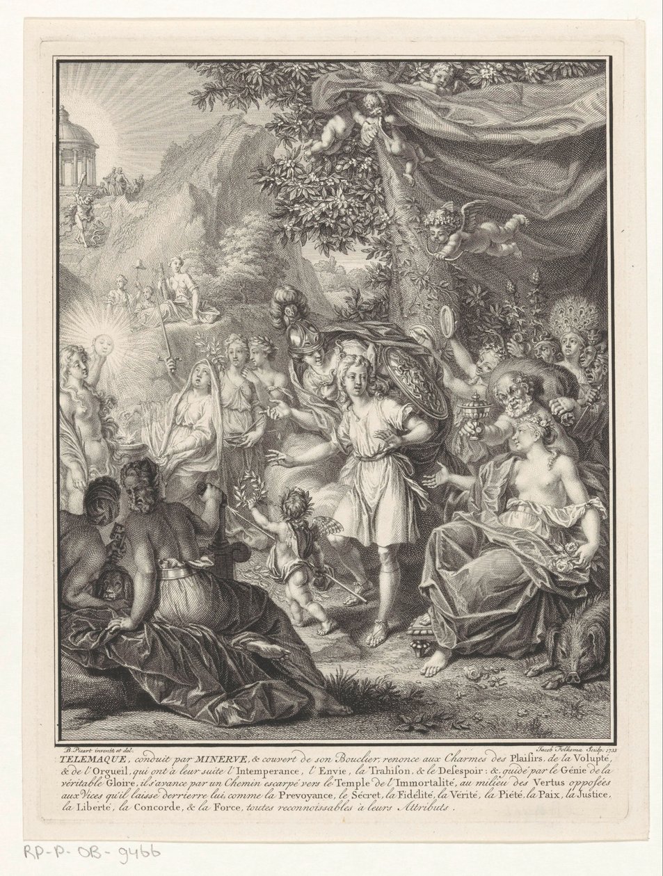 Alegorická reprezentace s Telemachem a Minervou Titulní strana pro: François de Fénelon, Les avantures de Telemaque, 1734 od Jacob Folkema