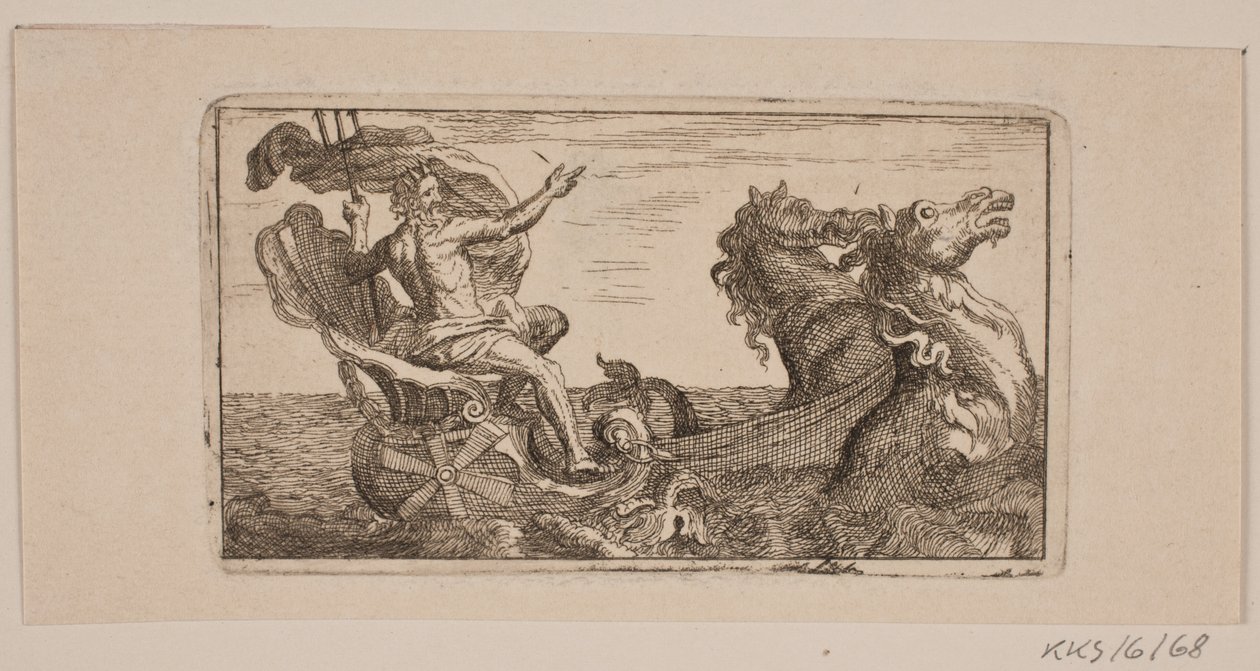Neptune. Ilustrace pro Jacoba Fosieho, "Kůže-Klude [...] aneb ukázky na kabátech, broušení, broušení, broušení, jehlách, leptání vody, černích, ubroucích, ladě a tiskech od roku 1741 do roku 1743" od Jacob Fosie