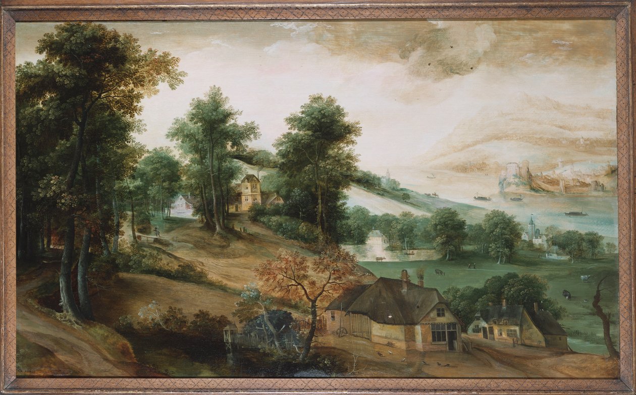 Rozsáhlá krajina s chatami v popředí, 1561 od Jacob Grimmer