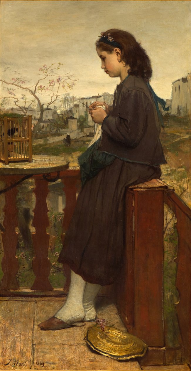 Dívka pletoucí na balkoně, Montmartre, 1869 od Jacob Henricus or Hendricus Maris