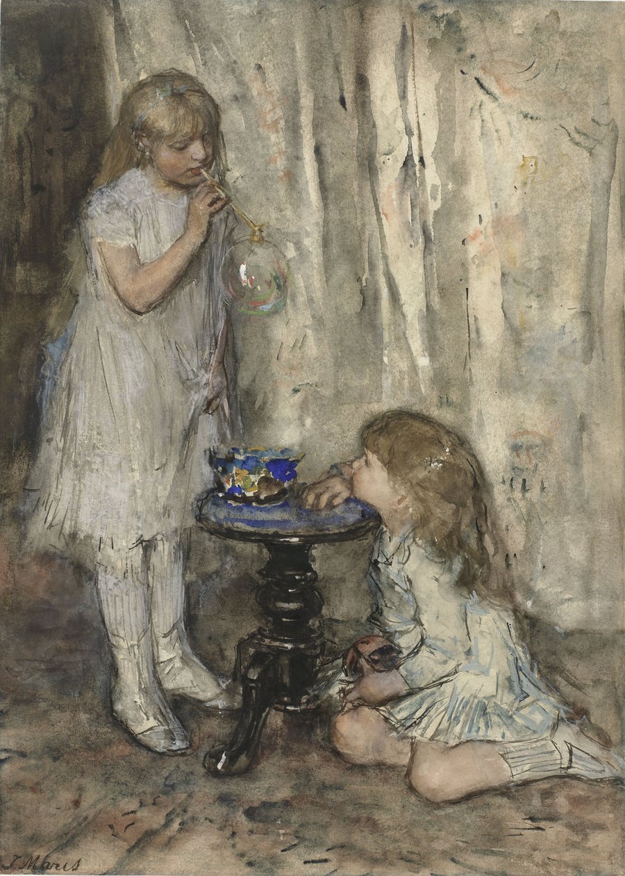 Two Girls Blowing Bubbles, cca 1880 (křída na papíře) od Jacob Henricus or Hendricus Maris
