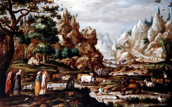 Skalnatá krajina s Noem a zvířaty (olej na panelu) od Jacob II (circle of) Savery