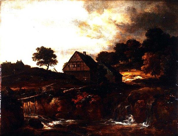 Zalesněná krajina s rolníkem na mostě přes bystřinu od Jacob I. van (follower of) Ruisdael