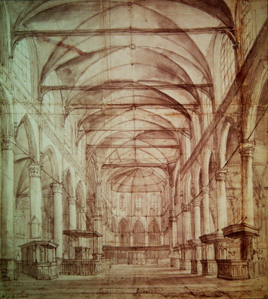 Vnitřní pohled na Oude Kerk (starý kostel) v Amsterdamu (grafit a indický inkoust na papíře) od Jacob van Ruisdael