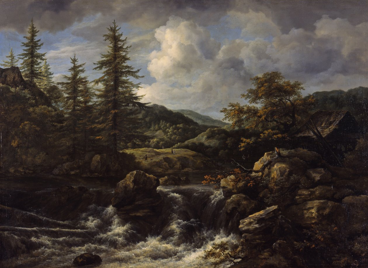 zalesněná krajina s vodopádem, kolem 1665-1670 od Jacob van Ruisdael