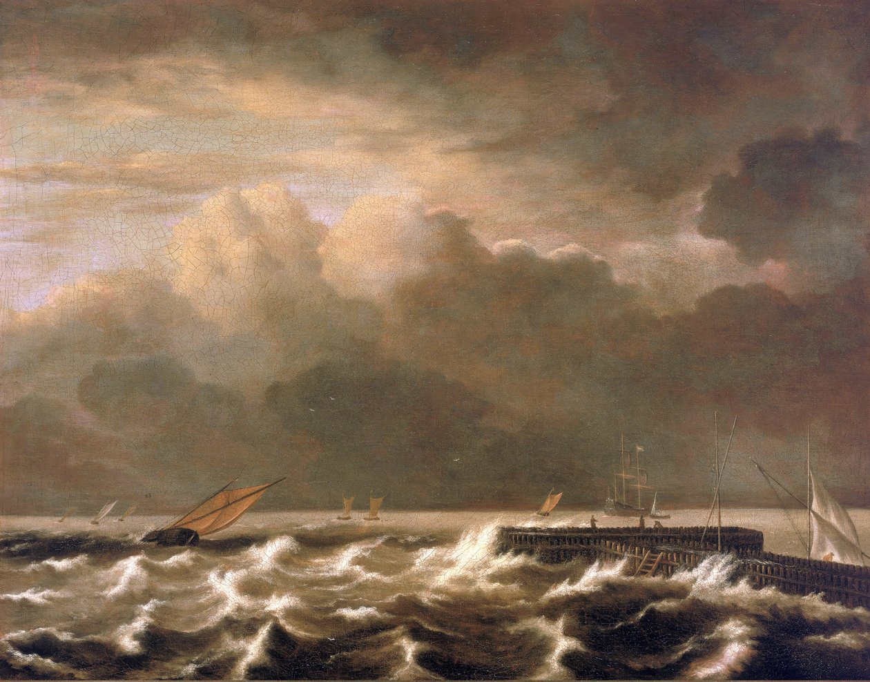 Rozbouřené moře se tříští o molo a ukazuje malé rybářské čluny, které se ocitly v bouři. Olej na plátně, Jacob Isaakszoon van Ruisdael (Ruysdael) (1628-1682). od Jacob Isaakszoon van Ruysdael