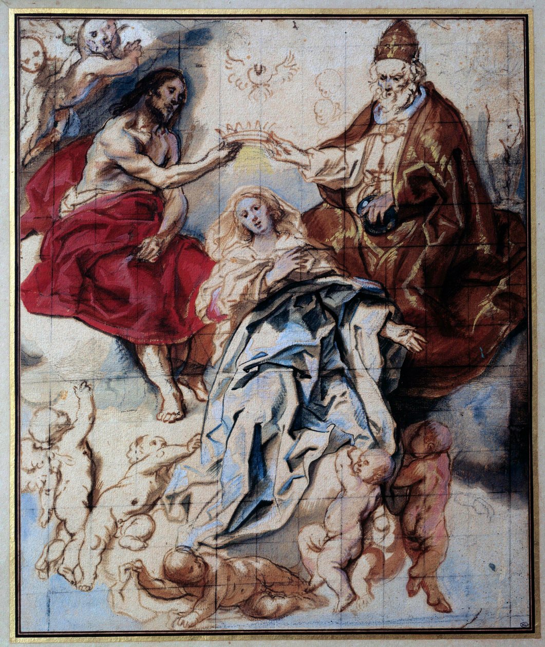 Korunovace Panny Marie Nejsvětější Trojicí Akvarel a kvaš od Jacoba Jordaense (1593-1678) 17. století Slunce. 0,46x0,38 m Paříž, Musee du Louvre od Jacob Jordaens