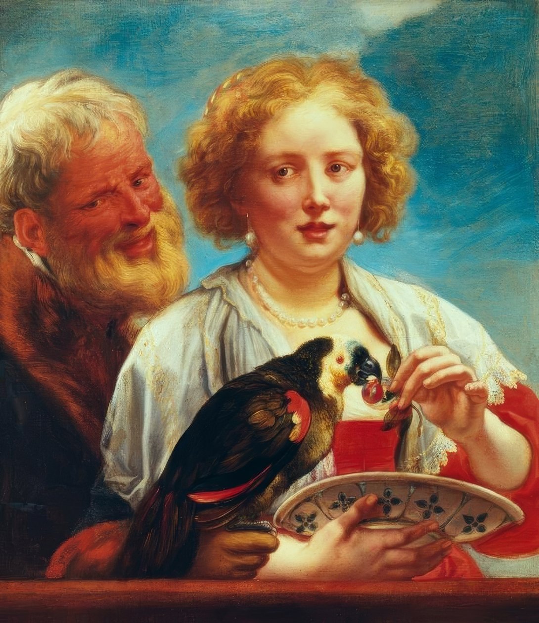 Mladá žena se starým mužem a papouškem od Jacob Jordaens