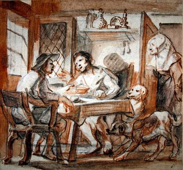 Ezau prodává své prvorozenství Jákobovi (černá a červená křída, pero a hnědý inkoust, hnědá barva, zesílená bílou) od Jacob Jordaens
