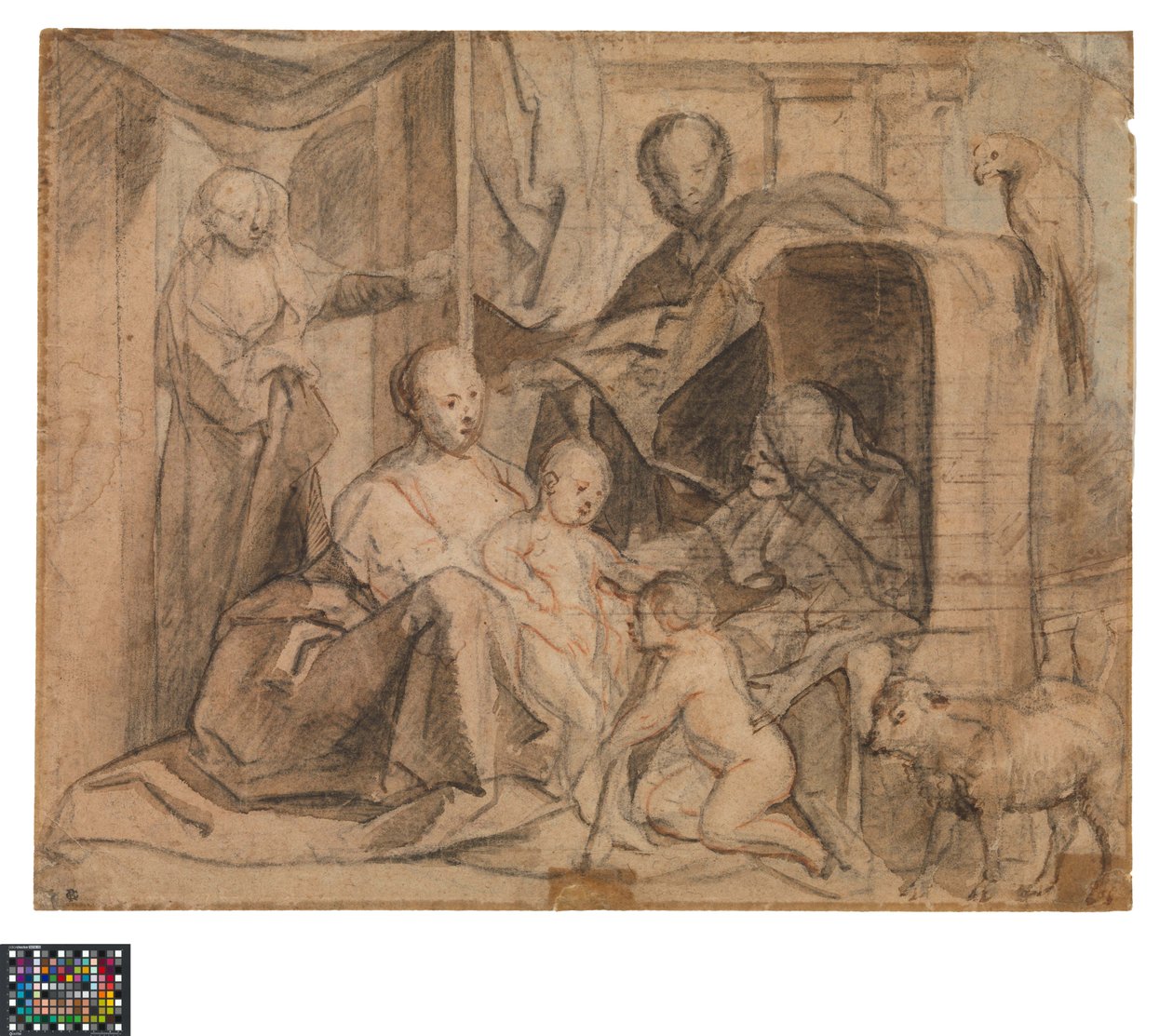 Německy: Svatá rodina s Alžbětou a svatým Janem Křtitelem (vzadu: dveře, vchod a Hermes)
nizozemsky: De Heilige Familie met Elisabeth en de kleine Johannes (keerzijde: Deur, deuropening en Hermes) od Jacob Jordaens