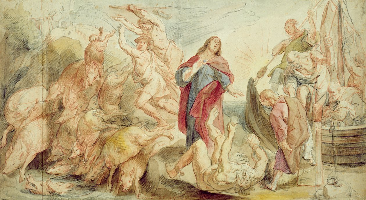 Ježíš vyhání ďábla z posedlých (křída a wc na papíře) od Jacob Jordaens