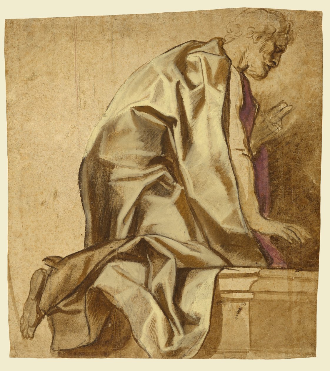 Muž klečící, tváří vpravo (recto); náčrty postav (verso) od Jacob Jordaens