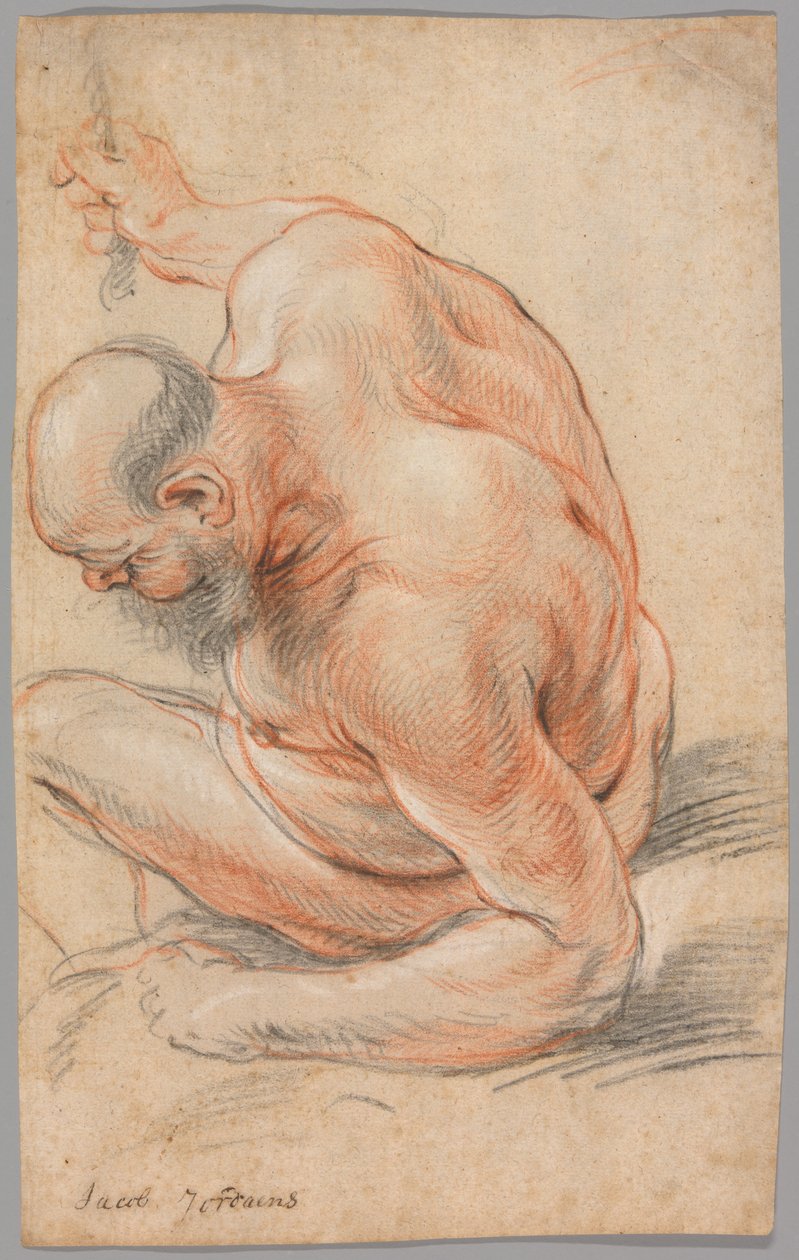 Nahý starý muž sedící, opírající se o předloktí, čelem doleva od Jacob Jordaens