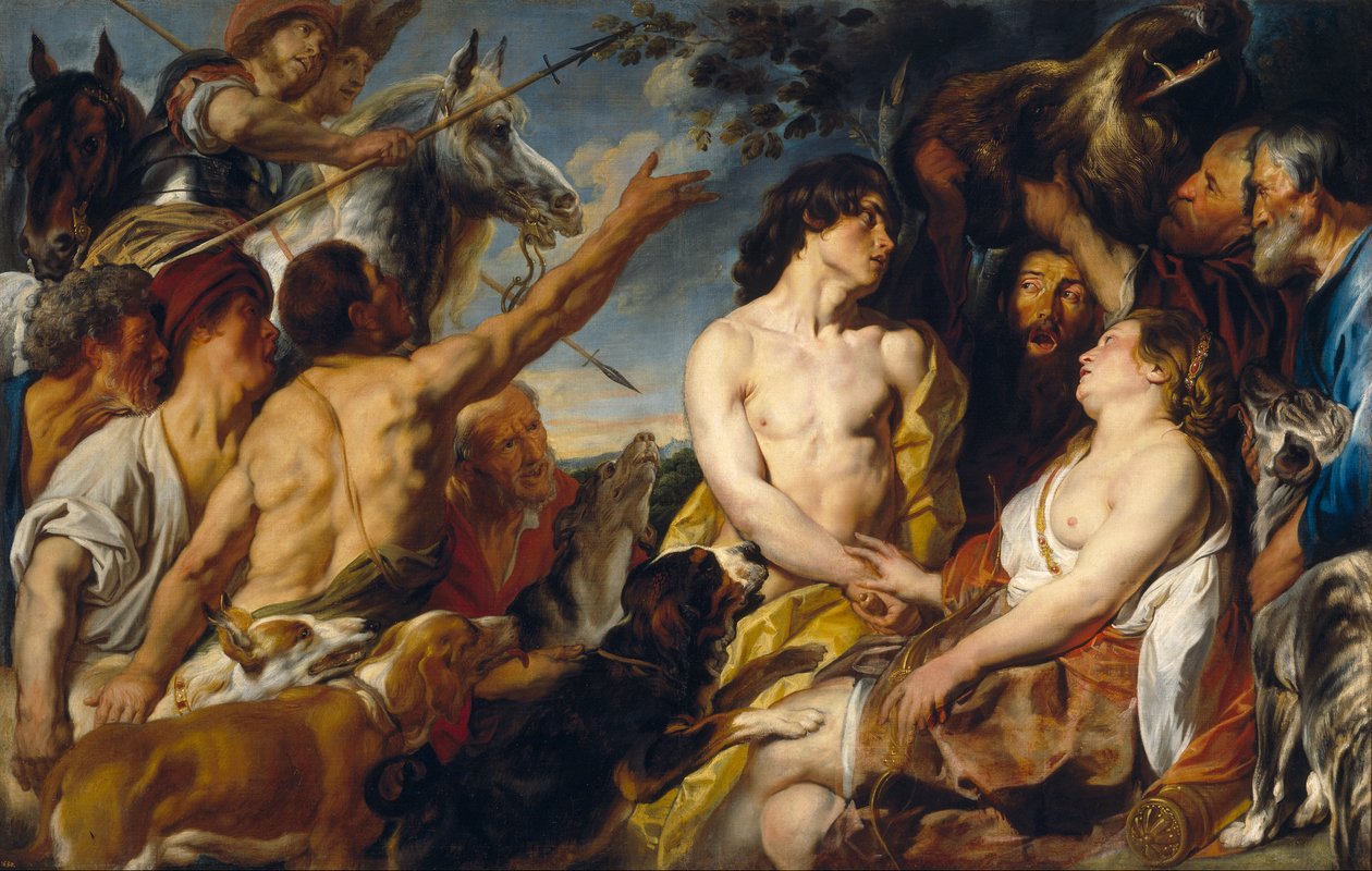 Plexippus a Toxeus ukradnou Atalantě hlavu kaledonského kance, kterou jí dal Meleager (Ovidius, Met. VIII, 260-444). od Jacob Jordaens
