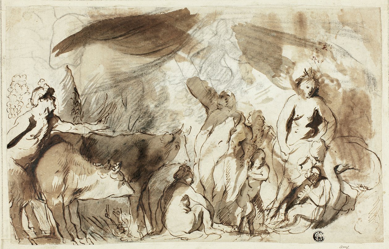 Studie pro Sine Bacchus a Cerere Friget Venus (recto); Rodina Dariova před Alexandrem (verze) od Jacob Jordaens