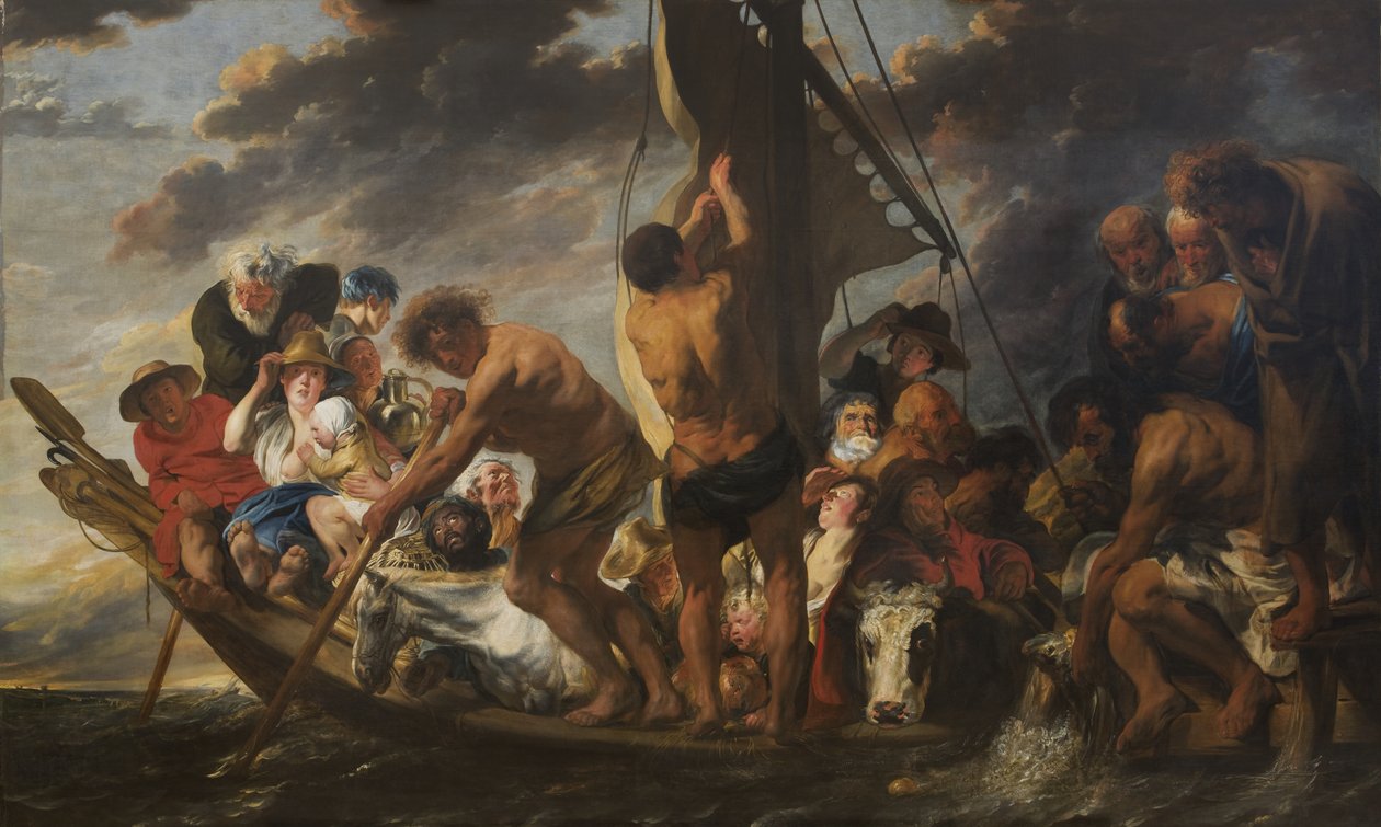 Pocta Peníze. Peter nalézající stříbrnou minci v ústech ryby. Nazývá se také „Trajekt do Antverp“ od Jacob Jordaens