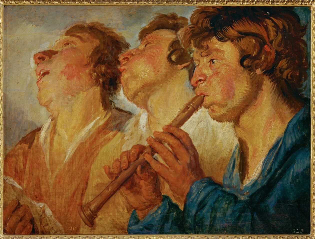 Tři potulní muzikanti, dva zpívají, třetí hraje... (malba na dřevě) od Jacob Jordaens