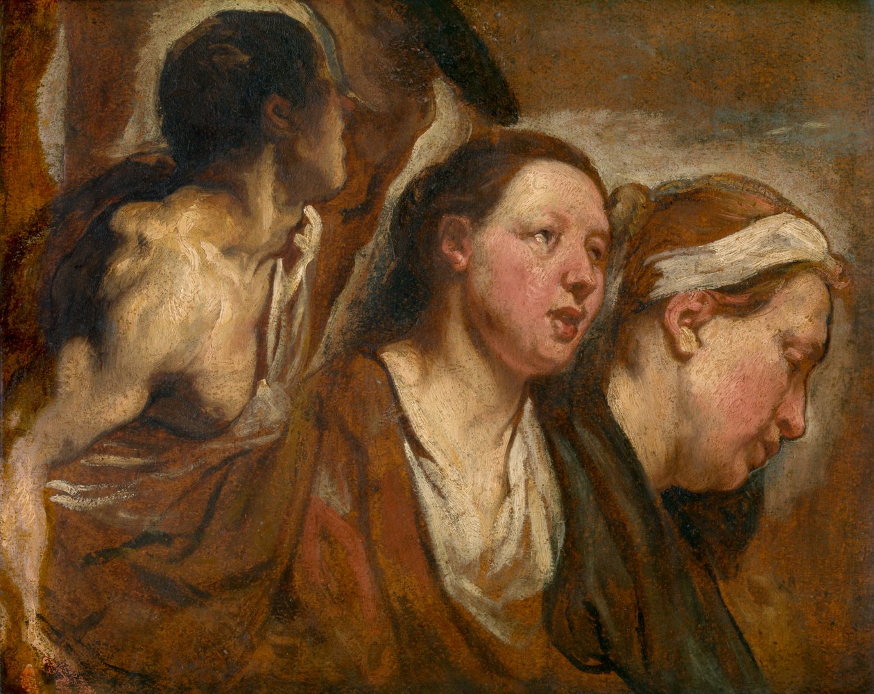 Dvě ženské hlavy a torzo bojovníka od Jacob Jordaens