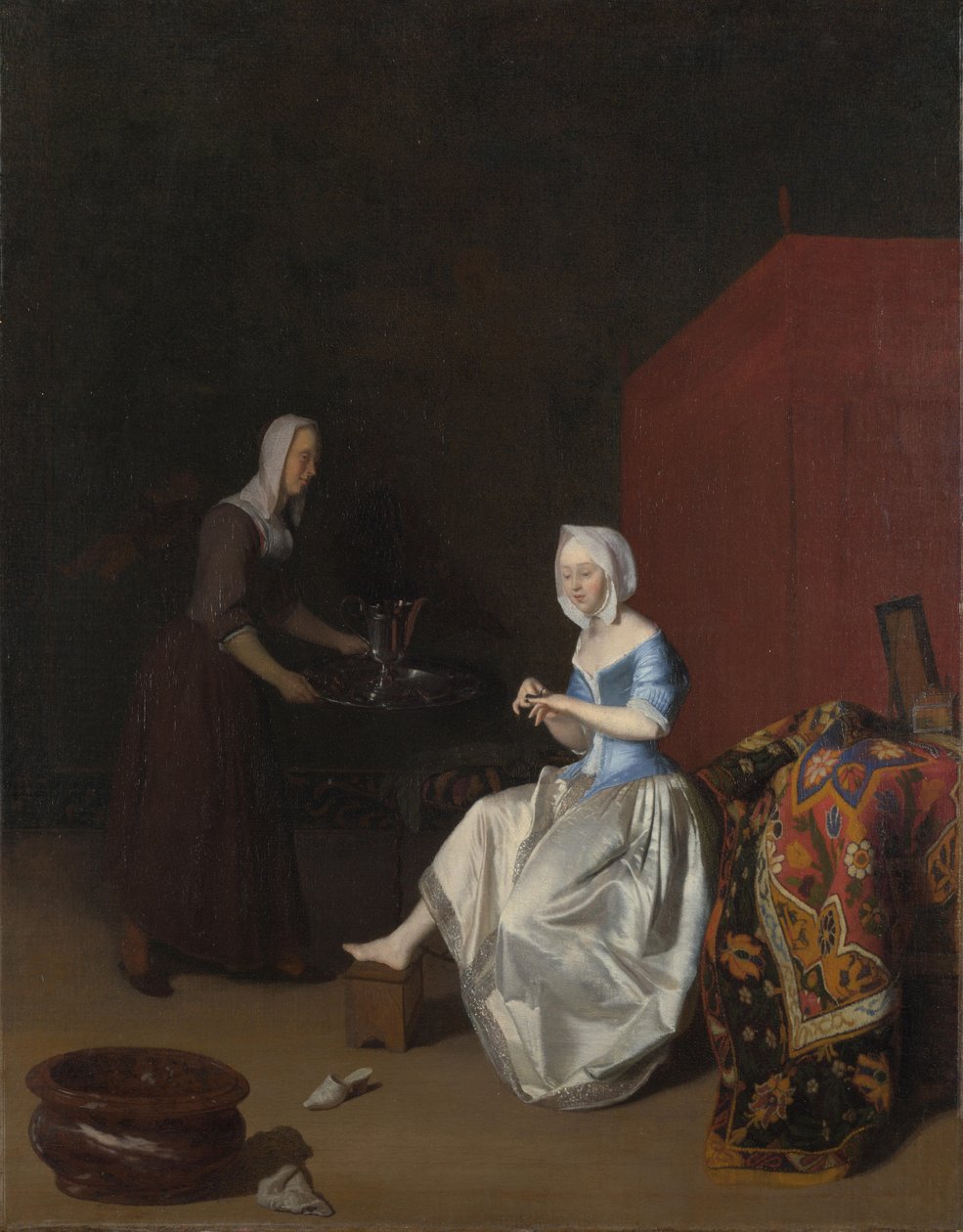 Mladá dáma, která si stříhá nehty, za účasti služebné, c. 1670 od Jacob Lucasz. Ochtervelt